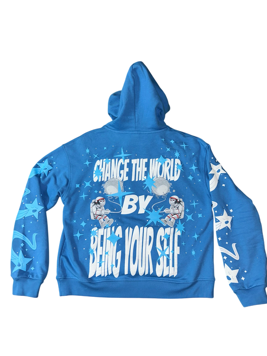 CHANGE THE WORLD BY BEING YOUR SELF RHINESTONE HOODIE (BLUE)