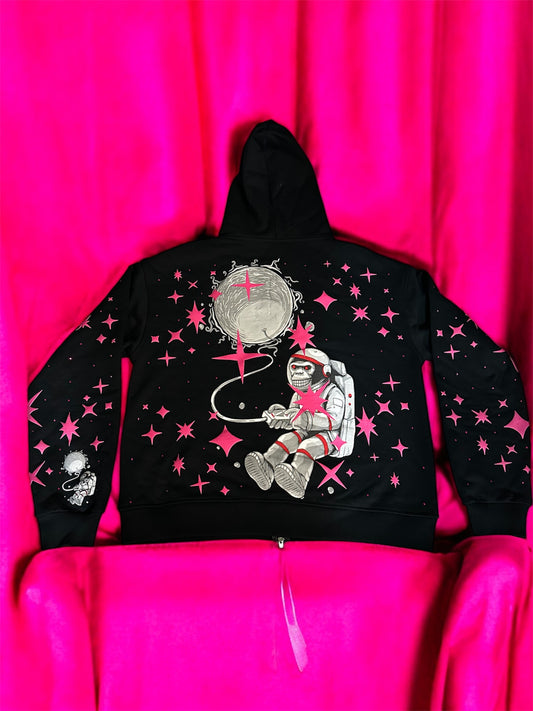 Black Astroids Pink Rhinestone Zip Up Hoodie (pink)