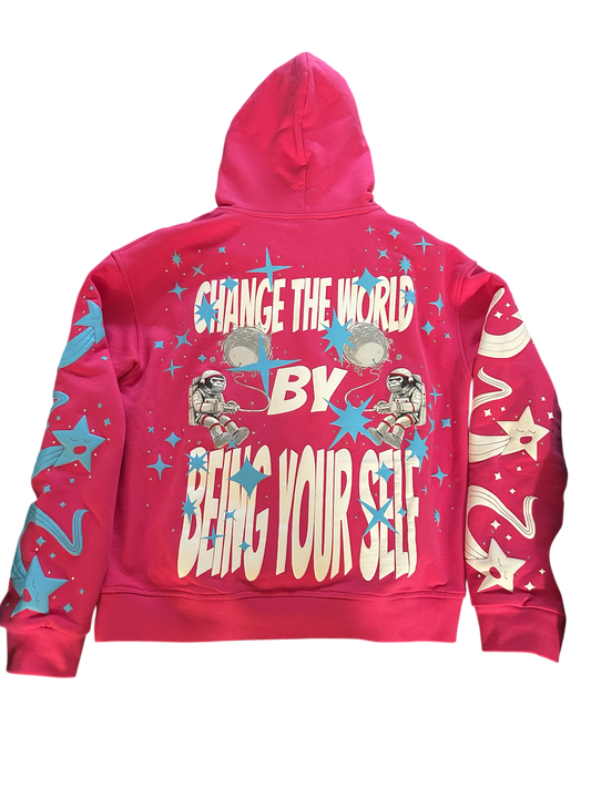 CHANGE THE WORLD BY BEING YOUR SELF RHINESTONE HOODIE (PINK)