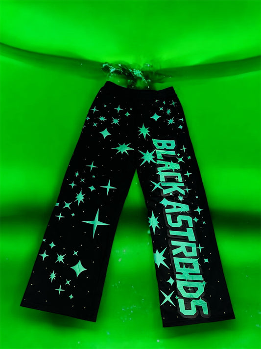 Black Astroids Green Rhinestone Flare Pants (Green)