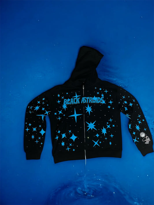 Black Astroids Blue Rhinestone Hoodie (Blue)