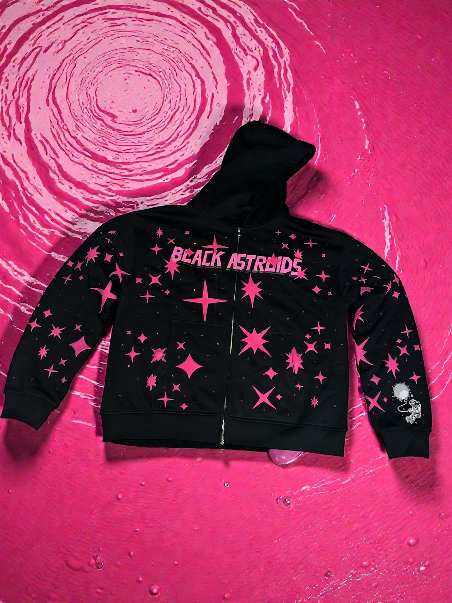 Black Astroids Pink Rhinestone Zip Up Hoodie (pink)