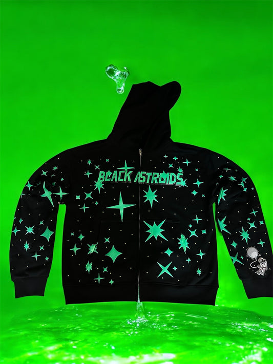 Black Astroids Green Rhinestone Zip Up Hoodie (Green)