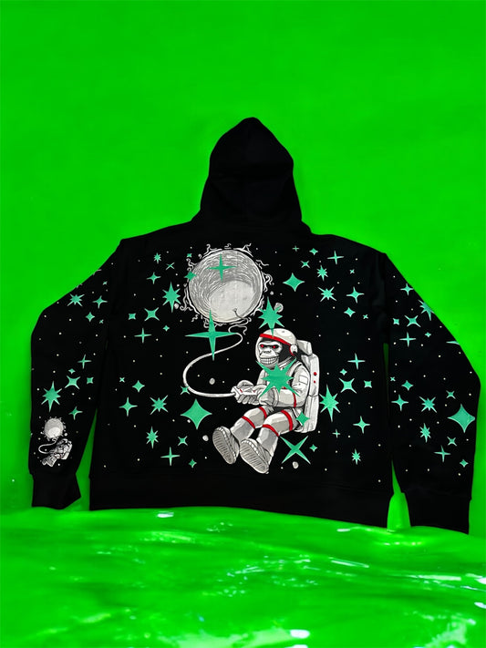 Black Astroids Green Rhinestone Zip Up Hoodie (Green)