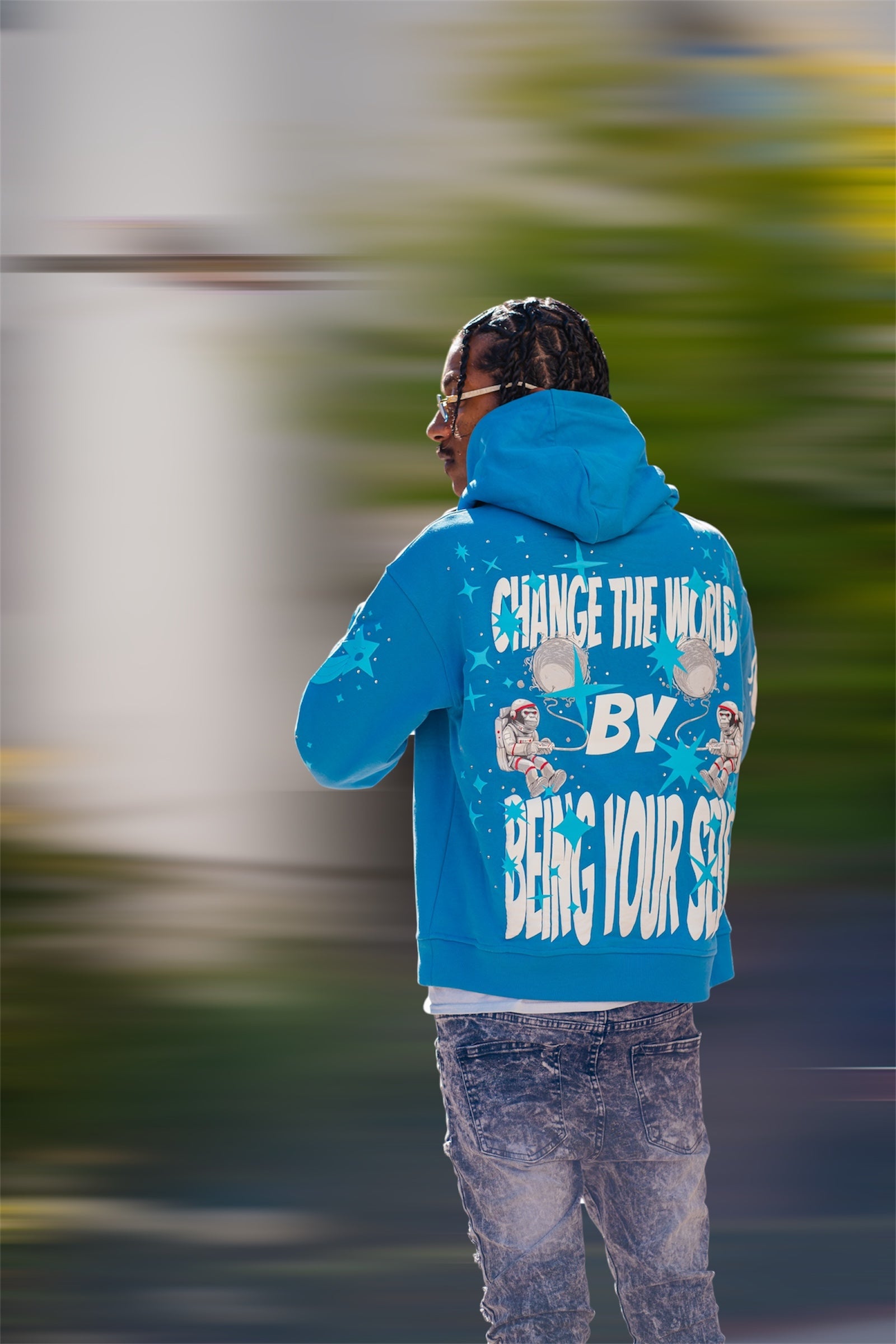 CHANGE THE WORLD BY BEING YOUR SELF RHINESTONE HOODIE (BLUE)