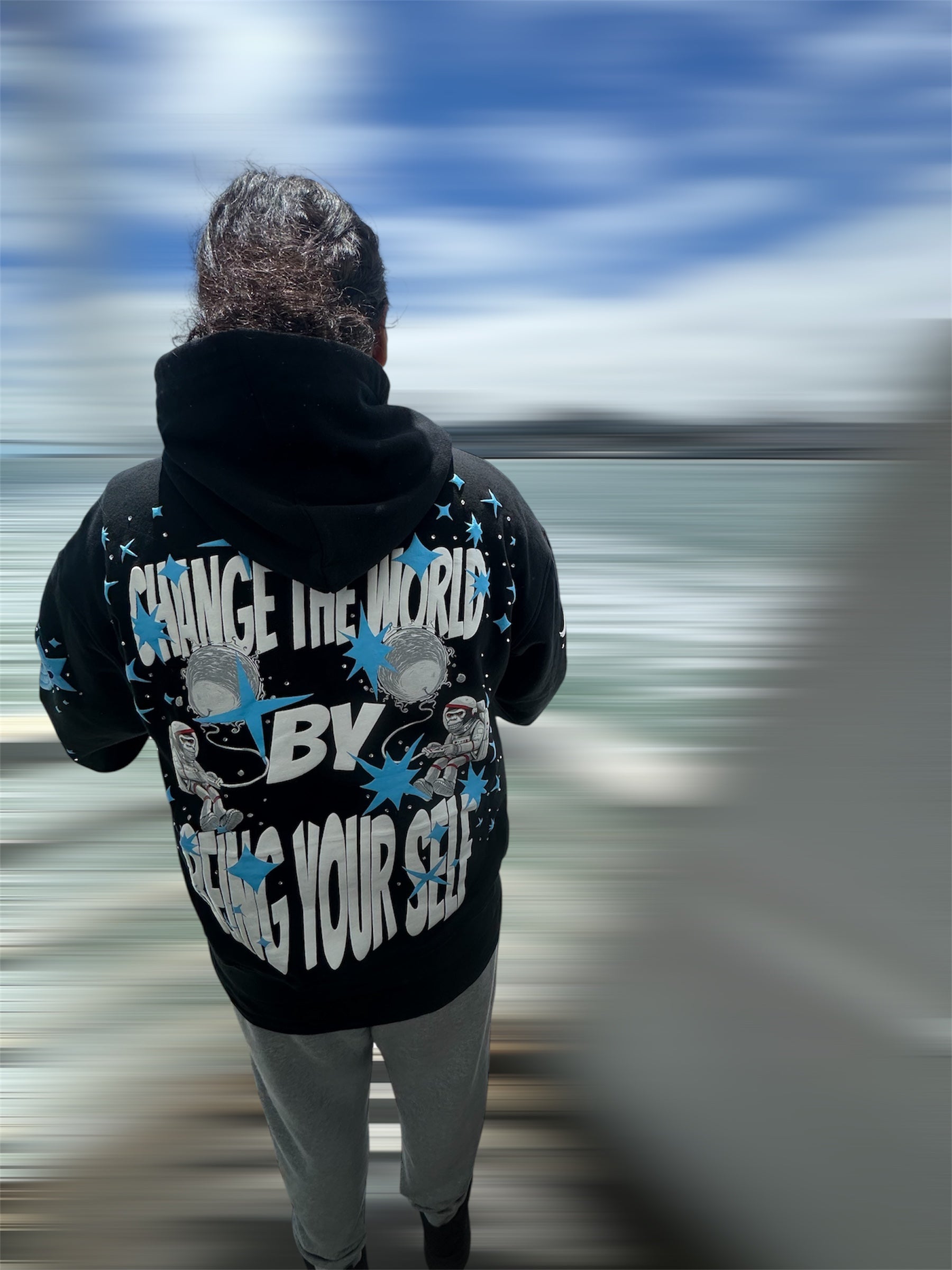 CHANGE THE WORLD BY BEING YOUR SELF RHINESTONE HOODIE (BLACK)